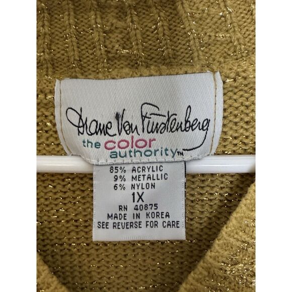 Diane von Furstenberg Plus Size 1X Gold Yellow Metallic Tunic Sweater DVF V Neck - Picture 2 of 9